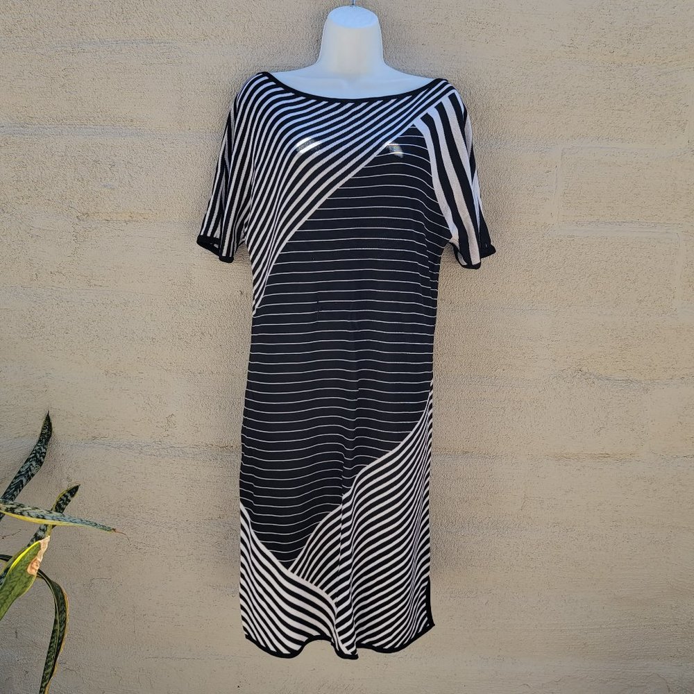ST JOHN SPORT 10 Large Thick Knit Dress with Dolman Sleeves Asymmetrical Stripe